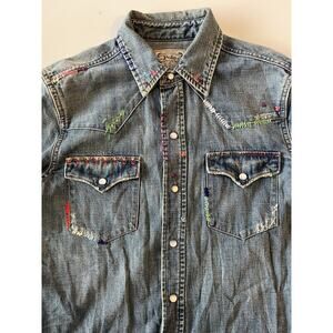 RARE Polo Ralph Lauren Denim Embroidered Art Button Up Pearl Snap Western S